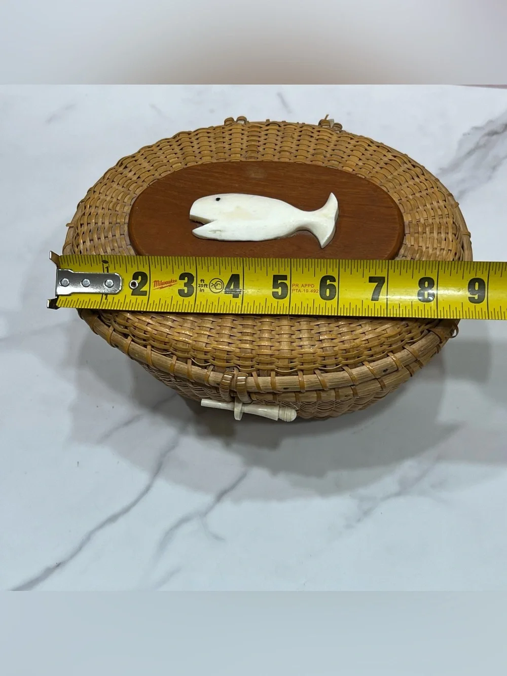 Vintage Nantucket Lightship Friendship Basket Purse Carved Whale Nautical